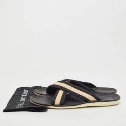 Pre Owned  Louis Vuitton Navy Blue Leather and Canvas Crisscross Slide Flats Size 44.5