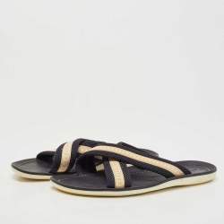 Pre Owned  Louis Vuitton Navy Blue Leather and Canvas Crisscross Slide Flats Size 44.5
