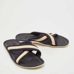 Pre Owned  Louis Vuitton Navy Blue Leather and Canvas Crisscross Slide Flats Size 44.5