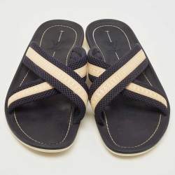 Pre Owned  Louis Vuitton Navy Blue Leather and Canvas Crisscross Slide Flats Size 44.5