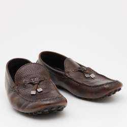 Pre Owned Louis Vuitton Brown Leather Logo Bow Slip On Loafers Size 42.5 