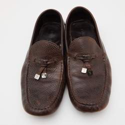 Pre Owned Louis Vuitton Brown Leather Logo Bow Slip On Loafers Size 42.5 