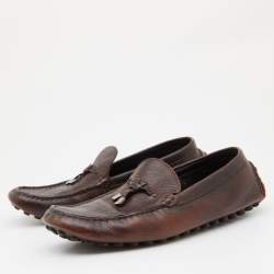 Pre Owned Louis Vuitton Brown Leather Logo Bow Slip On Loafers Size 42.5 