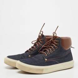 Pre Owned Louis Vuitton Navy Blue/Brown Denim and Leather High Top Sneakers Size 41.5
