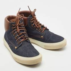 Pre Owned Louis Vuitton Navy Blue/Brown Denim and Leather High Top Sneakers Size 41.5