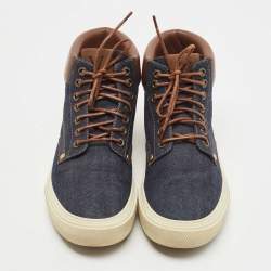 Pre Owned Louis Vuitton Navy Blue/Brown Denim and Leather High Top Sneakers Size 41.5