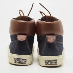 Pre Owned Louis Vuitton Navy Blue/Brown Denim and Leather High Top Sneakers Size 41.5