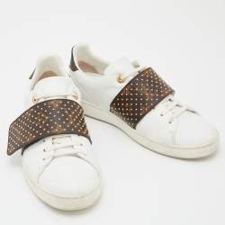 Louis Vuitton White/Brown Monogram Canvas and Leather Studded Frontrow Sneakers Size 38