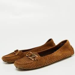 Louis Vuitton Brown Perforated Suede Oxford Loafers Size 37.5