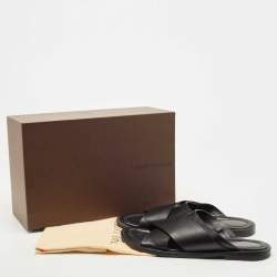 Louis Vuitton Black Leather Foch Cross Strap Flat Slides Size 43