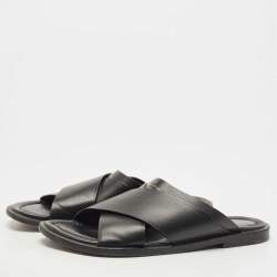 Louis Vuitton Black Leather Foch Cross Strap Flat Slides Size 43