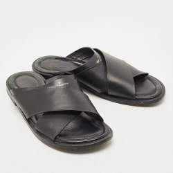 Louis Vuitton Black Leather Foch Cross Strap Flat Slides Size 43