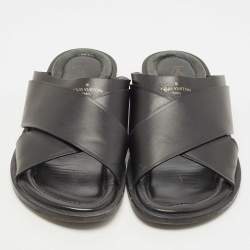 Louis Vuitton Black Leather Foch Cross Strap Flat Slides Size 43