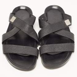 Louis Vuitton Black Leather Crisscross Strap Flat Slides Size 43