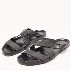 Louis Vuitton Black Leather Crisscross Strap Flat Slides Size 43