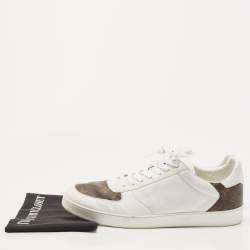 Pre Owned Louis Vuitton White/Brown Leather and Monogram Canvas Rivoli Sneakers Size 45