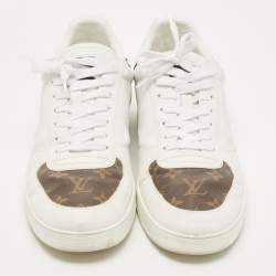 Pre Owned Louis Vuitton White/Brown Leather and Monogram Canvas Rivoli Sneakers Size 45