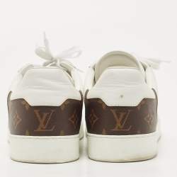Pre Owned Louis Vuitton White/Brown Leather and Monogram Canvas Rivoli Sneakers Size 45