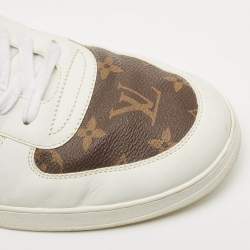 Pre Owned Louis Vuitton White/Brown Leather and Monogram Canvas Rivoli Sneakers Size 45