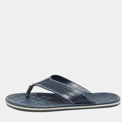 Louis Vuitton Navy Blue Leather and Logo Embossed Rubber Thong Flats Size 45