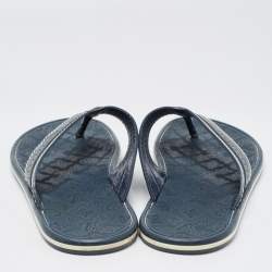 Louis Vuitton Navy Blue Leather and Logo Embossed Rubber Thong Flats Size 45