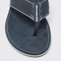 Louis Vuitton Navy Blue Leather and Logo Embossed Rubber Thong Flats Size 45