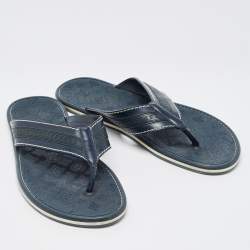 Louis Vuitton Navy Blue Leather and Logo Embossed Rubber Thong Flats Size 45