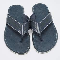 Louis Vuitton Navy Blue Leather and Logo Embossed Rubber Thong Flats Size 45