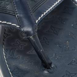 Louis Vuitton Navy Blue Leather and Logo Embossed Rubber Thong Flats Size 45