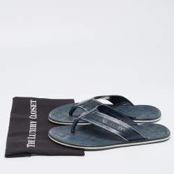 Louis Vuitton Navy Blue Leather and Logo Embossed Rubber Thong Flats Size 45