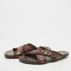 Louis Vuitton Brown Leather and Canvas Criss Cross Slides Size 42