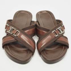 Louis Vuitton Brown Leather and Canvas Criss Cross Slides Size 42