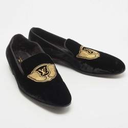 Louis Vuitton Black Velvet Auteuil Logo Smoking Slippers Size 43