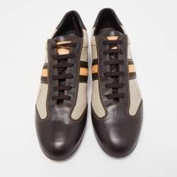 Pre Owned Louis Vuitton Brown/Beige Leather And Canvas Low Top Sneakers Size 45