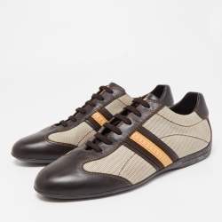 Pre Owned Louis Vuitton Brown/Beige Leather And Canvas Low Top Sneakers Size 45