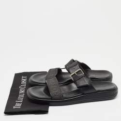 Louis Vuitton Black Leather and Logo Canvas Slide Sandals Size 44.5 