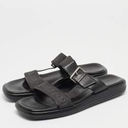 Louis Vuitton Black Leather and Logo Canvas Slide Sandals Size 44.5 