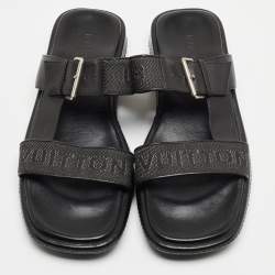 Louis Vuitton Black Leather and Logo Canvas Slide Sandals Size 44.5 