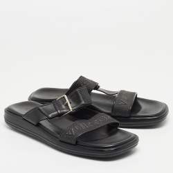 Louis Vuitton Black Leather and Logo Canvas Slide Sandals Size 44.5 