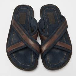 Louis Vuitton Navy Blue/Brown Canvas and Leather Cross Strap Slides Size 43