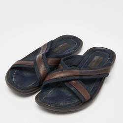 Louis Vuitton Navy Blue/Brown Canvas and Leather Cross Strap Slides Size 43