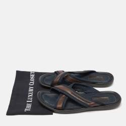 Louis Vuitton Navy Blue/Brown Canvas and Leather Cross Strap Slides Size 43