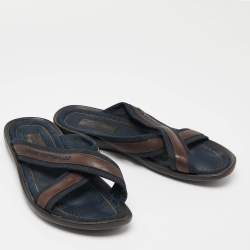Louis Vuitton Navy Blue/Brown Canvas and Leather Cross Strap Slides Size 43
