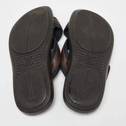 Louis Vuitton Navy Blue/Brown Canvas and Leather Cross Strap Slides Size 43