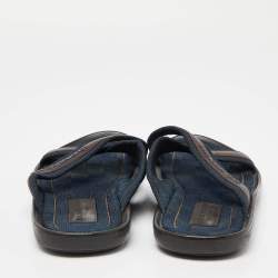 Louis Vuitton Navy Blue/Brown Canvas and Leather Cross Strap Slides Size 43