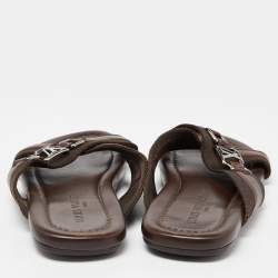 Pre Owned Louis Vuitton Brown Leather and Canvas Criss Cross Flat Slides Size 43