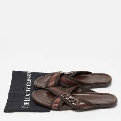 Pre Owned Louis Vuitton Brown Leather and Canvas Criss Cross Flat Slides Size 43
