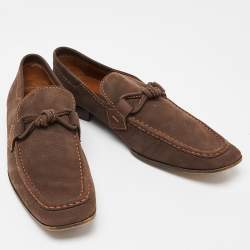 Louis Vuitton Brown Nubuck Leather Logo Bow Slip On Loafers Size 44