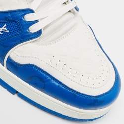 Pre Owned Louis Vuitton Blue/White Leather LV Trainer Sneakers Size 45