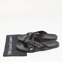 Louis Vuitton Black Leather and Canvas Criss Cross Slides Size 44
